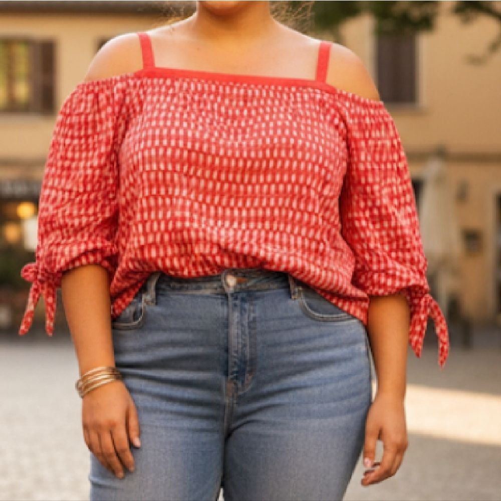CATO Red White Paisley Print Cold Shoulder Blouse Plus 26 | 28W Farmhouse